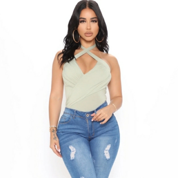 Fashion Nova Tops - FASHION NOVA Olive Green Sleeveless Rushing Crossed Bodysuit Medium NWT